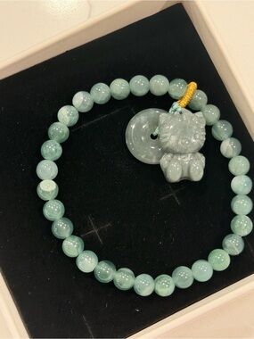 Authentic Blue Water Green Jade Bead Bracelet with Hello Kitty Charm